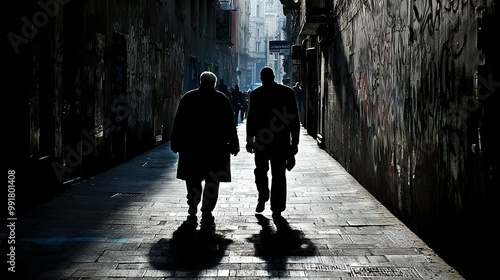  A pair of men stroll along a street beside a mural and an illuminated path ahead