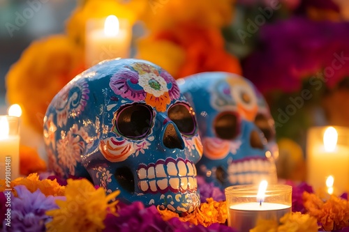 Two skulls on a Day of the Dead-themed tablecloth: one adorned with metallic flowers, the other hollow with a lit candle inside. Surrounded by orange