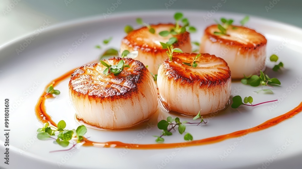 Elegant Seared Scallops Plating in Minimalist 2D Vector Illustration Elegant Seared Scallops Plating in Minimalist 2D Vector Illustration