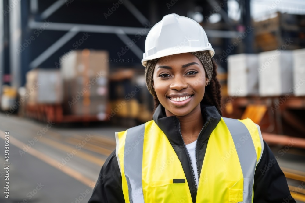 Portrait of a female engineer in hard hat and safety vest at industrial harbor Portrait of a female engineer in hard hat and safety vest at industrial harbor