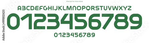 Bold bauhaus typography, blocky geometric sans serif, strong athletic font for sports branding, jersey numbers, team merchandise. Vector typeset