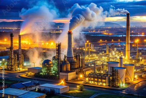 night, stacks, refinery, industry, engineering, production, A high angle view of a pump jack and the Grangemouth refinery illuminated at night with smoke billowing from the stacks photo