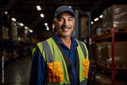 Portrait of a hispanic middle aged male warehouse worker