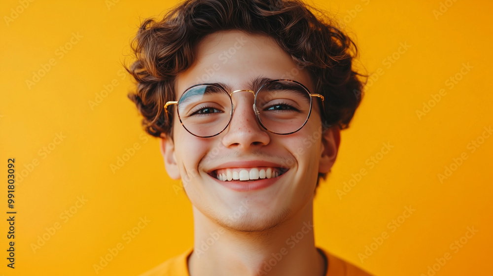 Smiling Young Man with Glasses Against Yellow Background Smiling Young Man with Glasses Against Yellow Background