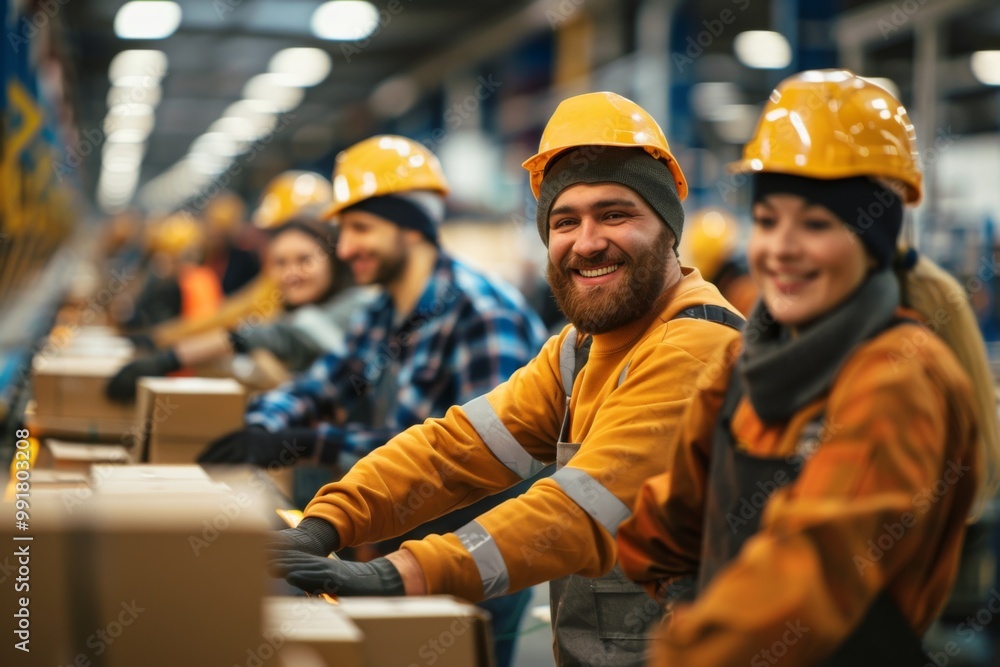 Smiling group of factory workers packaging product at conveyor belt Smiling group of factory workers packaging product at conveyor belt