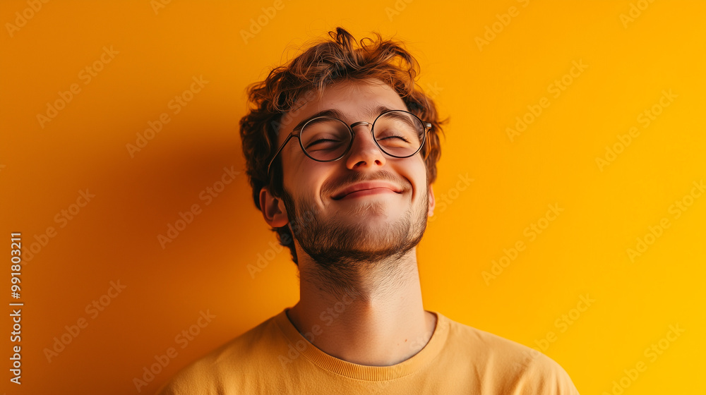 Close-Up of Happy Young Man with Glasses in Front of Yellow Wall Close-Up of Happy Young Man with Glasses in Front of Yellow Wall