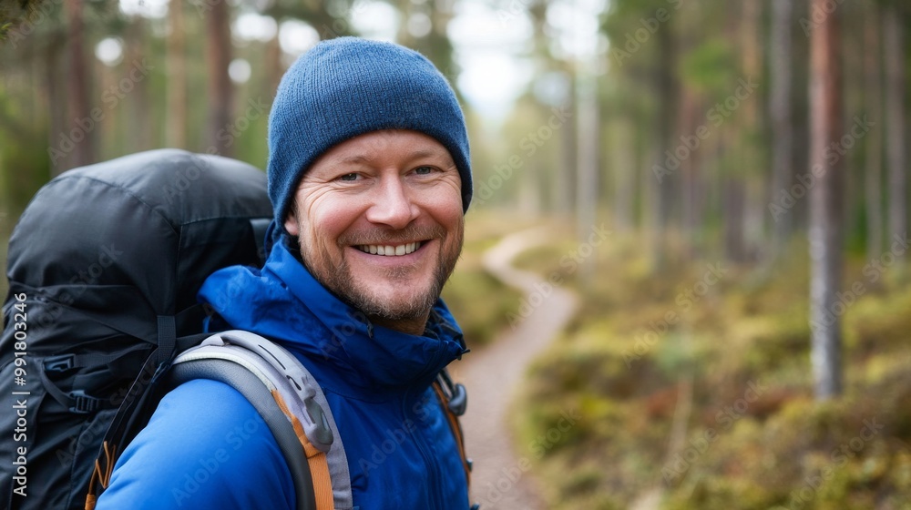 A cheerful man enjoys his backpacking adventure through lush green woods A cheerful man enjoys his backpacking adventure through lush green woods