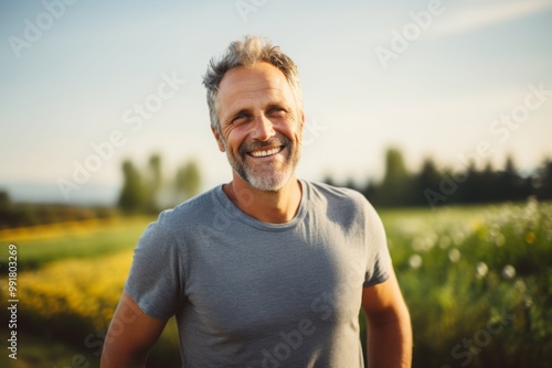 Portrait of a smiling middle aged Caucasian man on farm