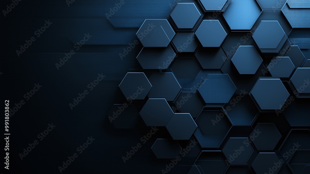 Abstract dark blue hexagonal pattern background with 3D effect, combining modern technology and futuristic design elements. Abstract dark blue hexagonal pattern background with 3D effect, combining modern technology and futuristic design elements.