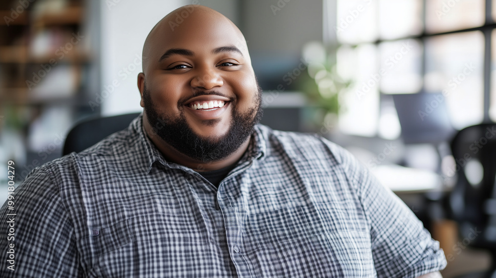 Bald plus size male office worker smiling; office environment; inclusive & diverse friendly workplace. Acceptance of diversity, body inclusive theme. Diversity themes poster concerning baldness, beaut