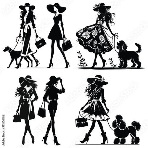 Fashionable women with dogs, silhouette illustration, black and white, elegant wallpaper design