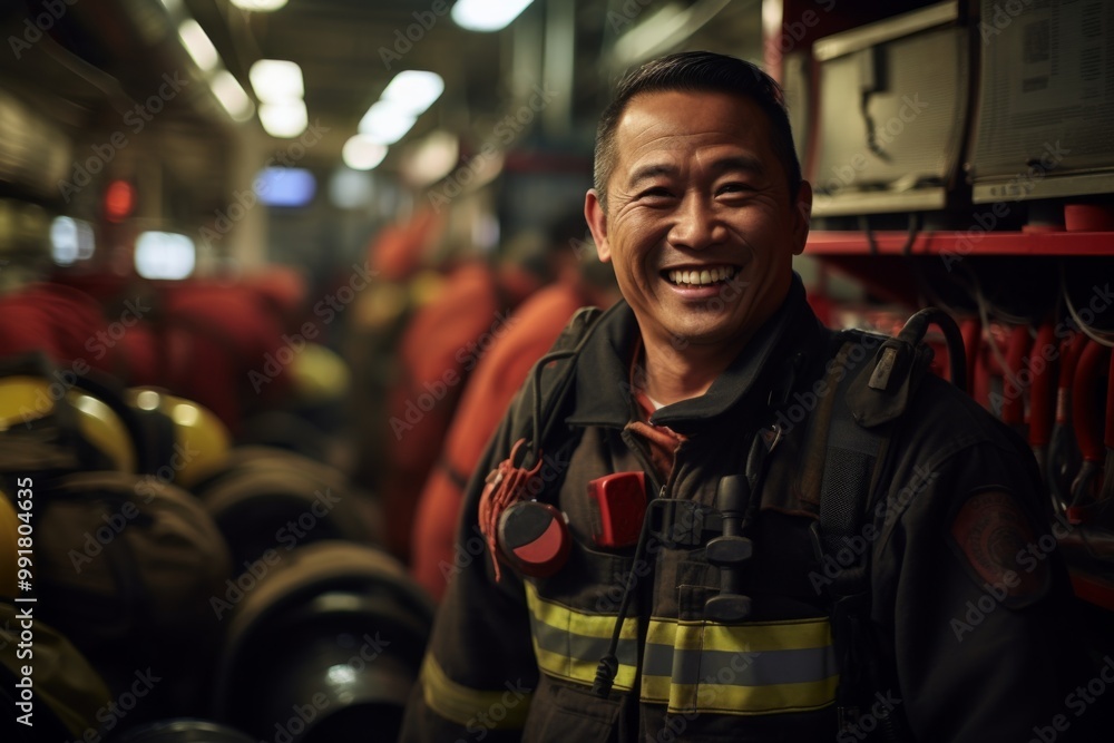 Smiling portrait of a middle aged Asian male firefighter at station Smiling portrait of a middle aged Asian male firefighter at station