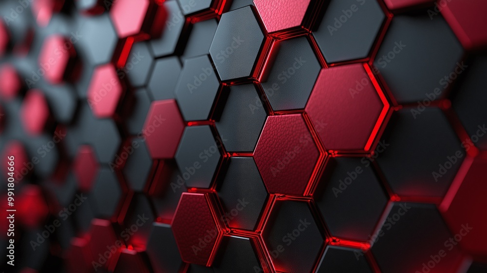 Close-up of a futuristic hexagonal pattern with a vivid red and black color scheme, showcasing a modern and tech-inspired design. Close-up of a futuristic hexagonal pattern with a vivid red and black color scheme, showcasing a modern and tech-inspired design.