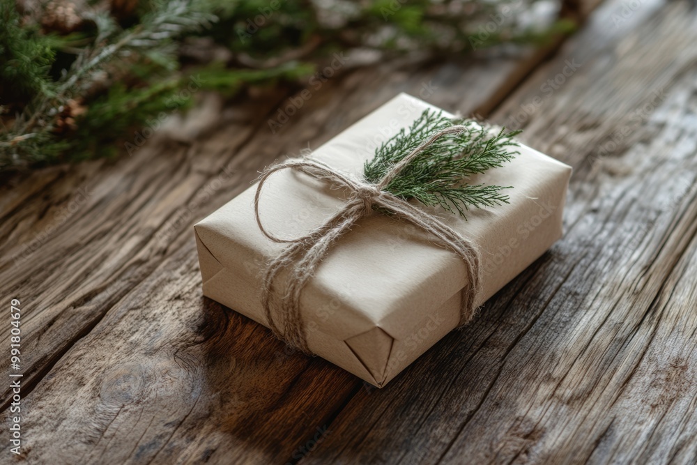Eco-friendly handmade gift box on wooden table, perfect for Christmas holiday wrapping and decor inspiration Eco-friendly handmade gift box on wooden table, perfect for Christmas holiday wrapping and decor inspiration
