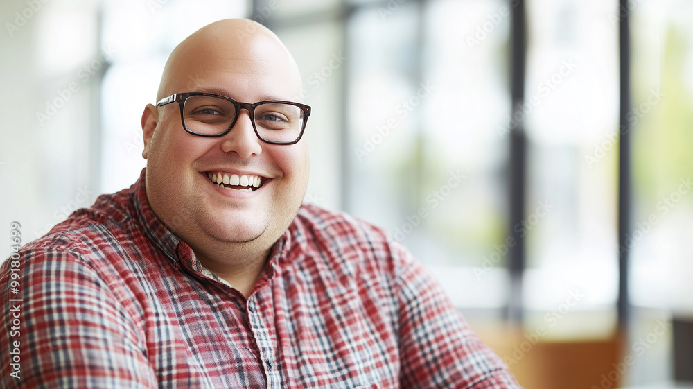 Bald plus size male office worker smiling; office environment; inclusive & diverse friendly workplace. Acceptance of diversity, body inclusive theme. Diversity themes poster concerning baldness, beaut Bald plus size male office worker smiling; office environment; inclusive & diverse friendly workplace. Acceptance of diversity, body inclusive theme. Diversity themes poster concerning baldness, beaut