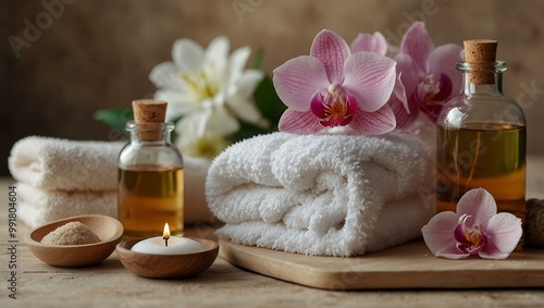 Soothing spa scene with oils, towels, and delicate flowers.