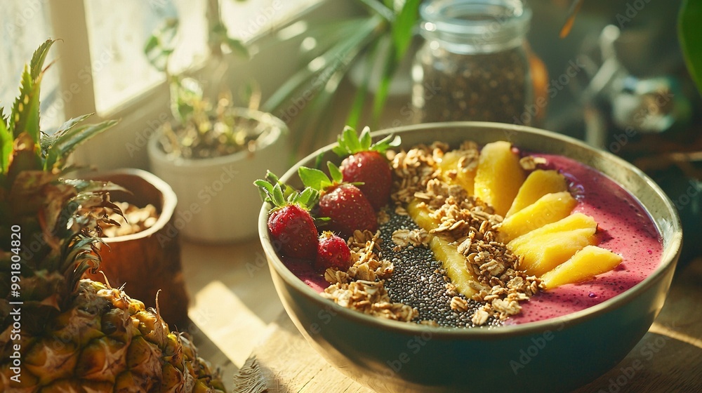A bowl of fruit, granola, and yogurt rests on a nearby table with a potted plant in the background A bowl of fruit, granola, and yogurt rests on a nearby table with a potted plant in the background