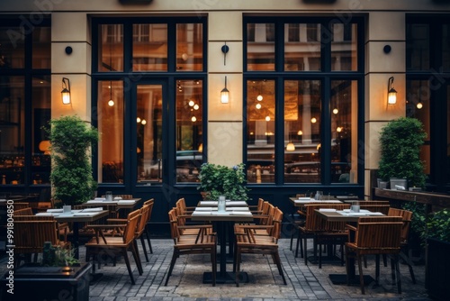 Exterior of a restaurant sitting area with wooden tables and chairs