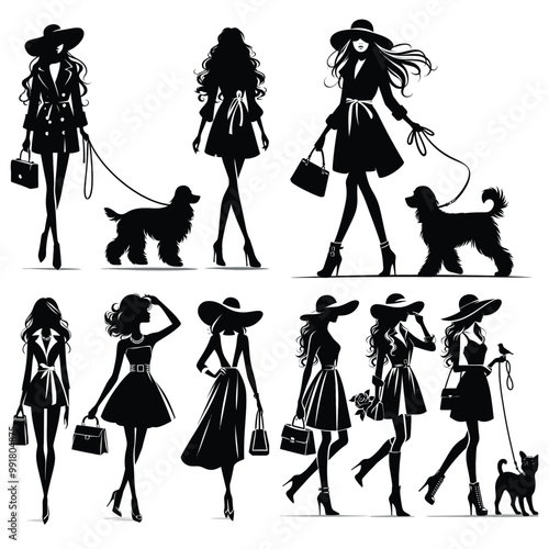Elegant fashionista silhouettes in black, walking dogs, vector illustration, chic lifestyle poster