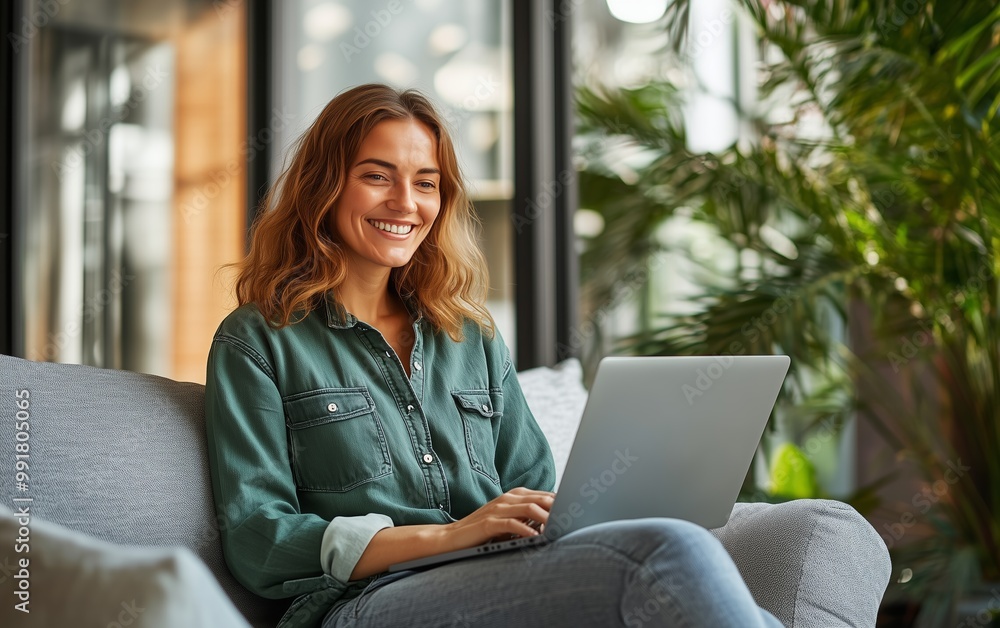 Woman smiles while working on laptop in a modern cafe surrounded by greenery Woman smiles while working on laptop in a modern cafe surrounded by greenery