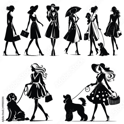 Stylish women with dogs, black and white silhouette illustrations, fashion-themed web banner