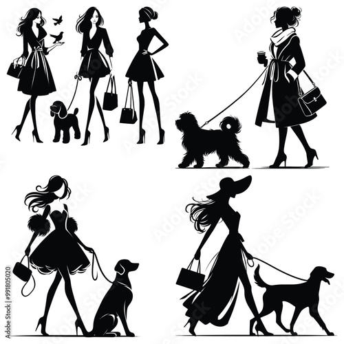 Stylish women walking dogs in black and white, vector illustration, fashion advertisement