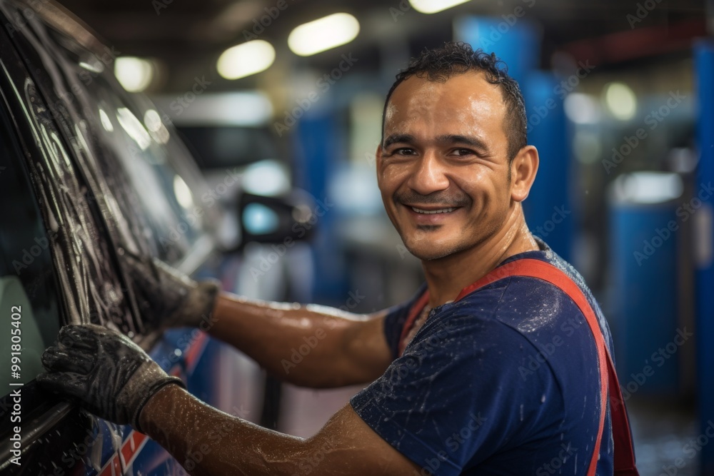 Portrait of a smiling Hispanic male worker in car wash Portrait of a smiling Hispanic male worker in car wash