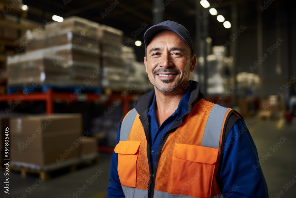 Portrait of a hispanic middle aged male warehouse worker Portrait of a hispanic middle aged male warehouse worker