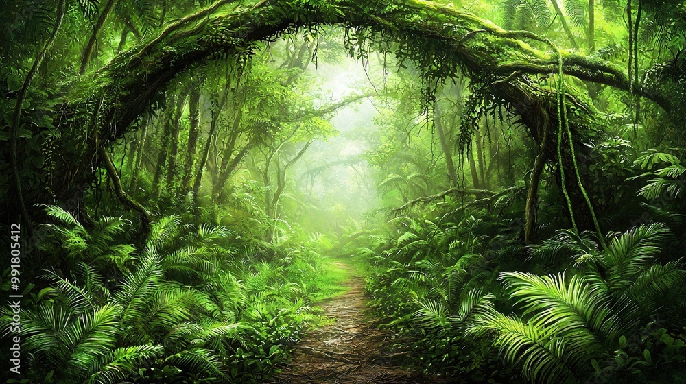 Lush forest, dirt path leads inward, surrounded by trees and ferns Lush forest, dirt path leads inward, surrounded by trees and ferns