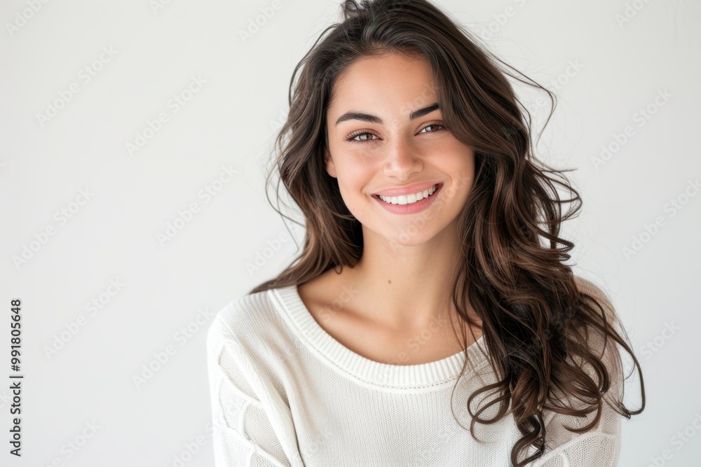 Elegant woman with dark brown hair, posing on a clean white background, stylish Elegant woman with dark brown hair, posing on a clean white background, stylish