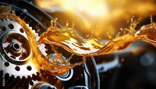 Oil wave splashing in Car engine with lubricant oil. Concept of lubricate motor oil and Gear 