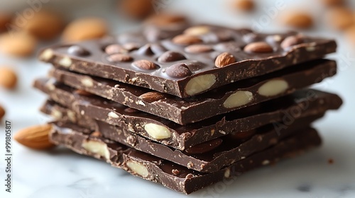 A stack of dark chocolate bars with almonds on a marble surface.