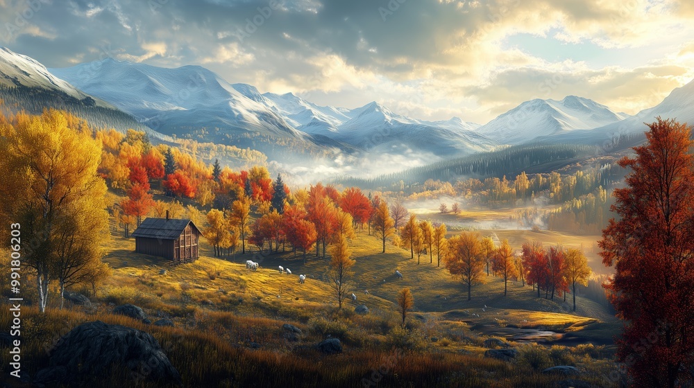 Autumn landscape with colorful trees, a cabin, and distant mountains under a bright sky in the late afternoon light Autumn landscape with colorful trees, a cabin, and distant mountains under a bright sky in the late afternoon light