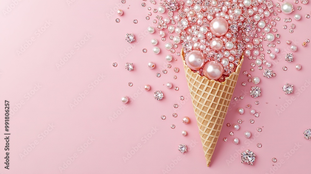 Ice Cream Cone with Pearls on Pink Background Ice Cream Cone with Pearls on Pink Background