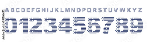 Striped digital font, futuristic tech numbers and letter design, featuring horizontal lines for sports branding, jersey numbers, team merchandise. Vector typeset