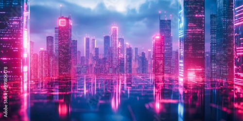 A futuristic cityscape, bathed in neon lights, reflects in a shimmering digital ground.
