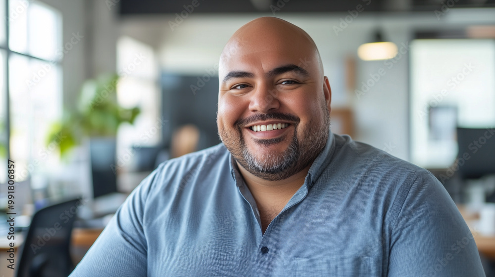Bald plus size male office worker smiling; office environment; inclusive & diverse friendly workplace. Acceptance of diversity, body inclusive theme. Diversity themes poster concerning baldness, beaut Bald plus size male office worker smiling; office environment; inclusive & diverse friendly workplace. Acceptance of diversity, body inclusive theme. Diversity themes poster concerning baldness, beaut