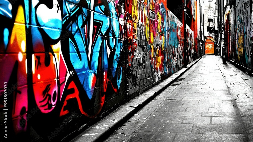 Naklejka premium A monochromatic image of a bustling urban thoroughfare featuring intricate murals on its buildings and an individual strolling leisurely along