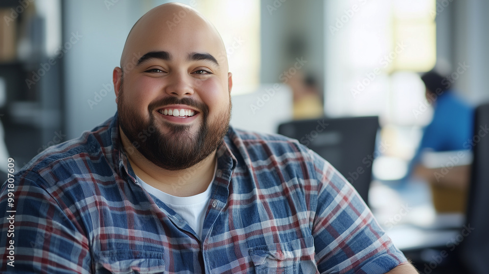 Bald plus size male office worker smiling; office environment; inclusive & diverse friendly workplace. Acceptance of diversity, body inclusive theme. Diversity themes poster concerning baldness, beaut Bald plus size male office worker smiling; office environment; inclusive & diverse friendly workplace. Acceptance of diversity, body inclusive theme. Diversity themes poster concerning baldness, beaut