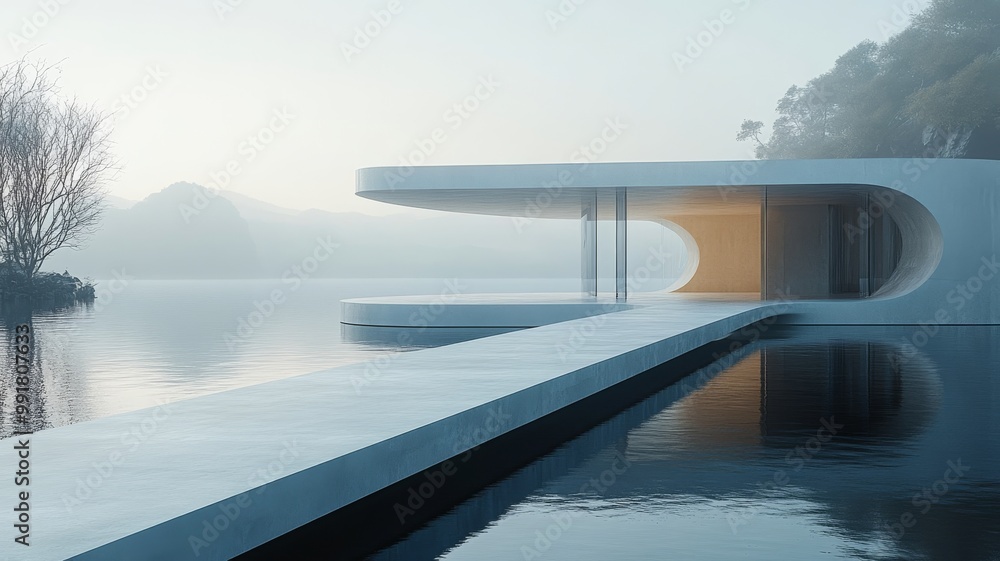 Fototapeta premium A modern airy podium with a matte finish, floating in an open futuristic environment. Generative AI