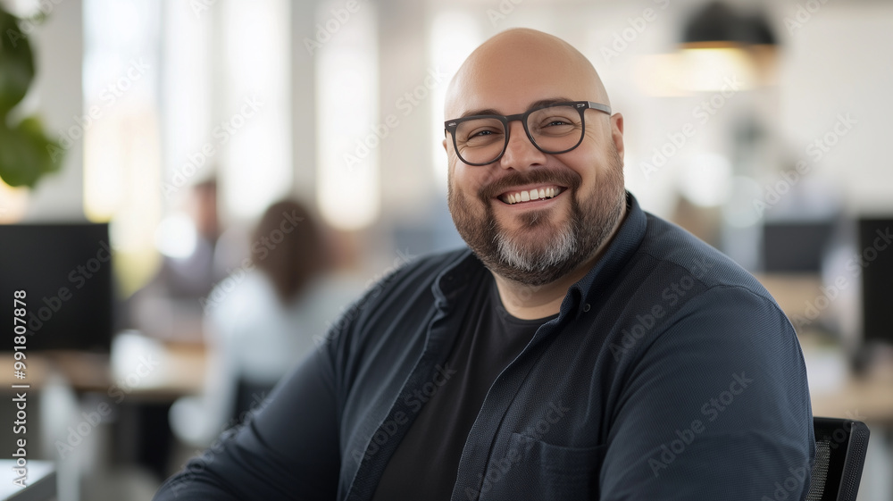 Bald plus size male office worker smiling; office environment; inclusive & diverse friendly workplace. Acceptance of diversity, body inclusive theme. Diversity themes poster concerning baldness, beaut Bald plus size male office worker smiling; office environment; inclusive & diverse friendly workplace. Acceptance of diversity, body inclusive theme. Diversity themes poster concerning baldness, beaut