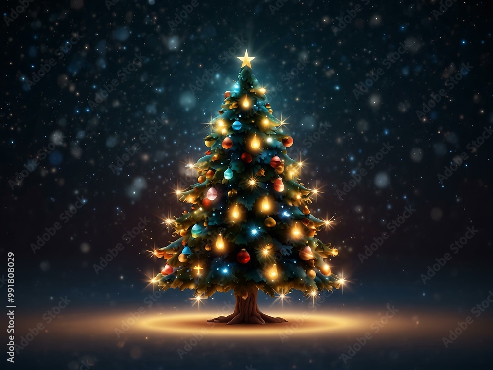Starry Christmas tree with glowing lights for New Year greetings. Starry Christmas tree with glowing lights for New Year greetings.