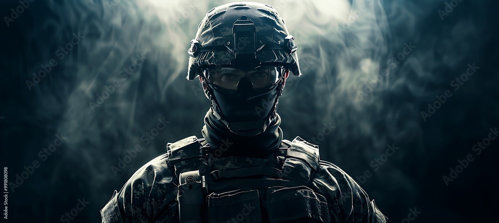 A brave soldier, fully equipped for combat, embodies strength and resolve. His focused gaze reveals a readiness to face the imminent challenges of war. A brave soldier, fully equipped for combat, embodies strength and resolve. His focused gaze reveals a readiness to face the imminent challenges of war.