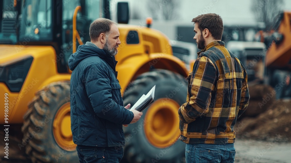 Builder choosing heavy machinery for construction with a sales consultant on the open ground of a shop with special vehicles Builder choosing heavy machinery for construction with a sales consultant on the open ground of a shop with special vehicles