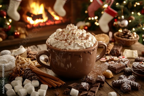 Cozy Winter Hot Chocolate with Whipped Cream and Holiday Treats