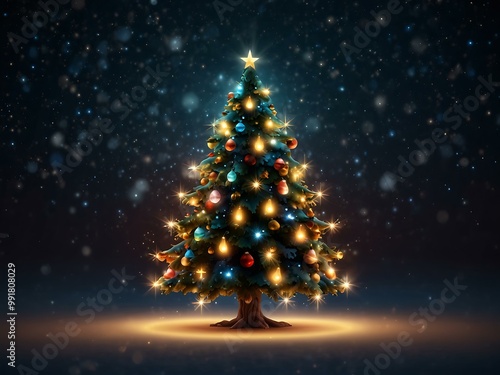 Starry Christmas tree with glowing lights for New Year greetings.