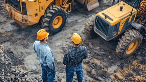 Builder choosing heavy machinery for construction with a sales consultant on the open ground of a shop with special vehicles