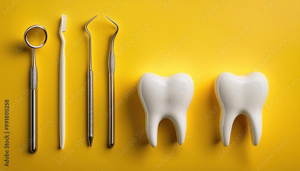 On a yellow background, a tooth figurine and dental tools are depicted On a yellow background, a tooth figurine and dental tools are depicted