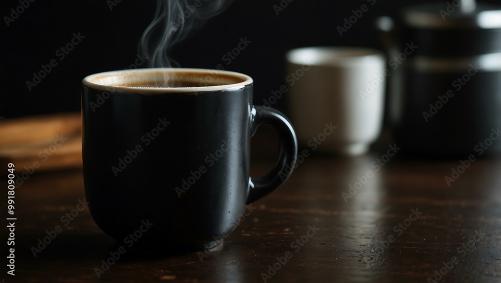 Steaming cup of coffee on a dark countertop. Steaming cup of coffee on a dark countertop.