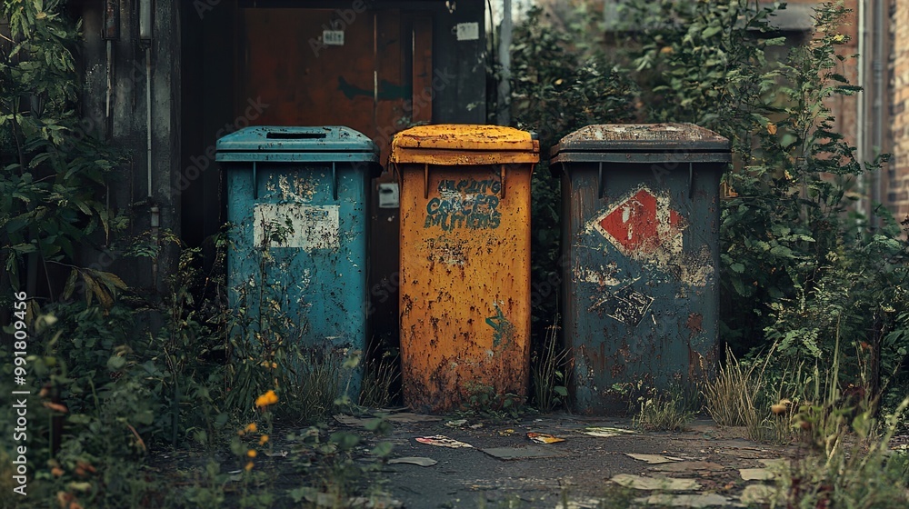 Rusty Trash Cans in an Overgrown Urban Landscape Rusty Trash Cans in an Overgrown Urban Landscape